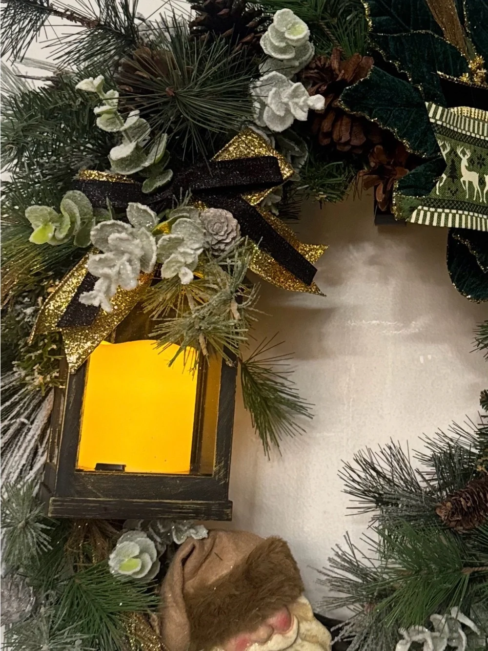 Old World Pine Wreath with Lighted Lantern, Deer Accent & Ribbon